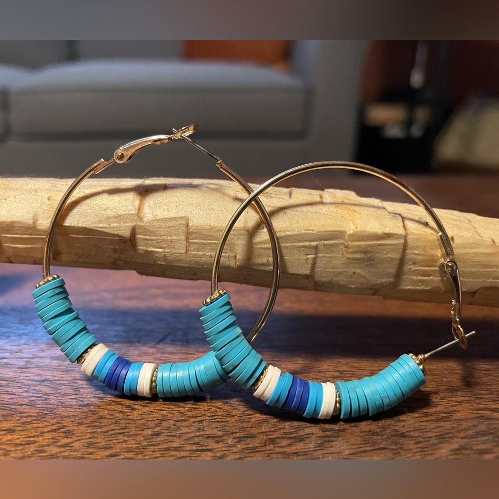 ⚡️ Gold Turquoise Blue White Hoop Style Unisex Earrings ⚡️